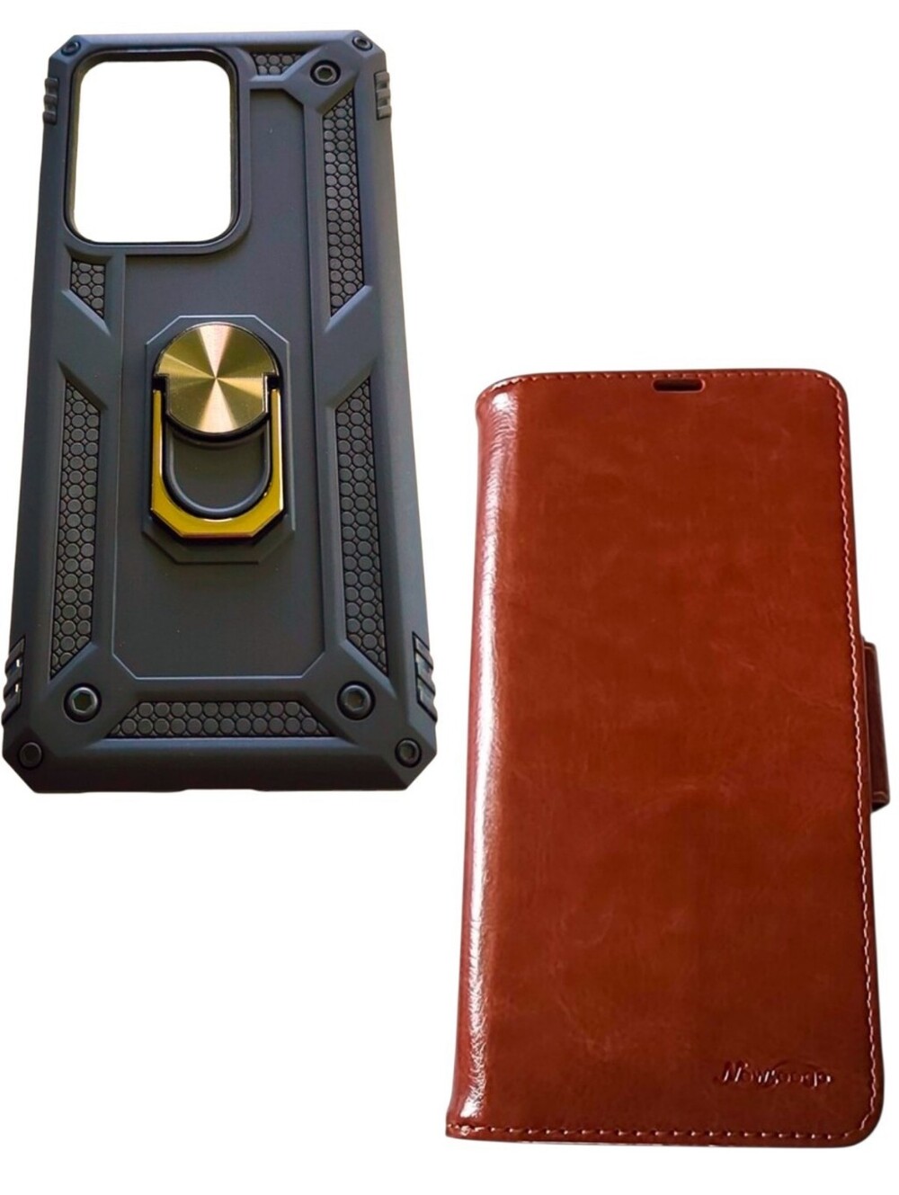 2pc Matte Black Defender & Tan Leather Wallet Case For Samsung Galaxy S20 Ultra